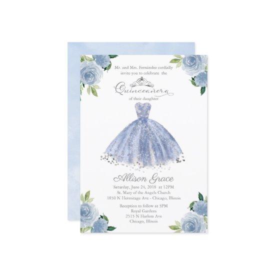 Quinceanera  Silver Blue Floral Gown