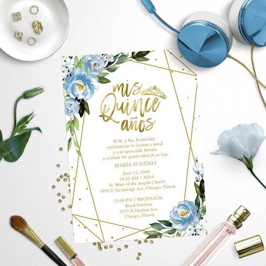 Quinceanera  Spanish Blue Gold Foil