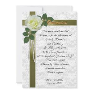 Quinceanera  White rose and green ribbon