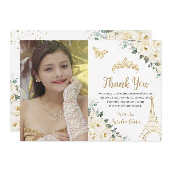 Quinceañera Ivory Floral Paris 16th Birthday Photo Thank You Card