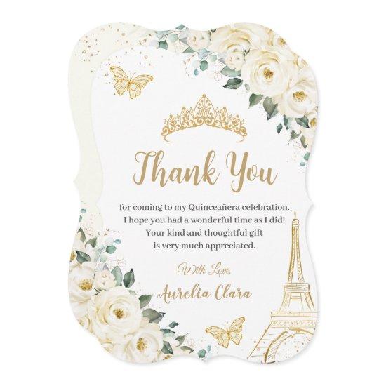 Quinceañera Ivory Floral Paris Eiffel Sweet 16 Thank You Card