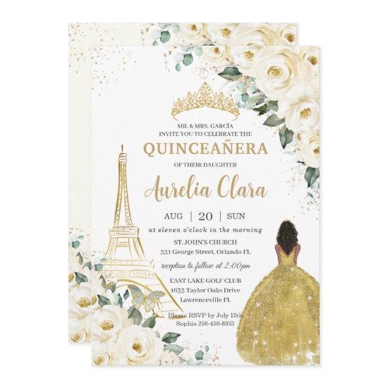 Quinceañera Ivory Floral Paris Gold Brown Princess