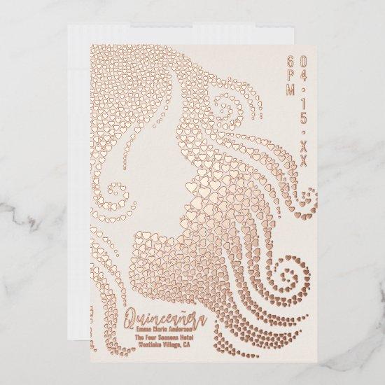 Quinceañera Ivory Girl Silhouette Hearts Rose Gold Foil Holiday Card