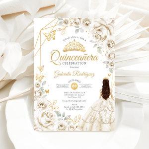 Quinceanera Ivory Gold Cream Gold Floral Dress