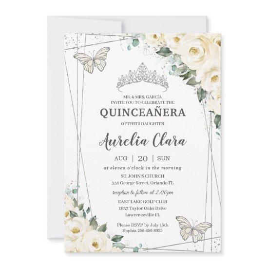 Quinceañera Ivory White Floral Butterflies Crown I