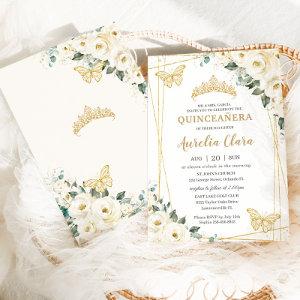 Quinceañera Ivory White Floral Butterflies Crown