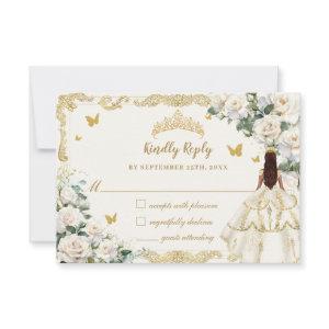 Quinceañera Ivory White Floral Dress Princess Gold RSVP Card
