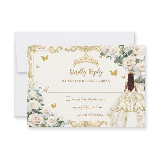Quinceañera Ivory White Floral Dress Princess Gold RSVP Card