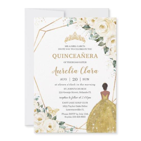 Quinceañera Ivory White Floral Gold Brown Princess