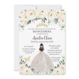 Quinceañera Ivory White Floral Gold Tiara Dress