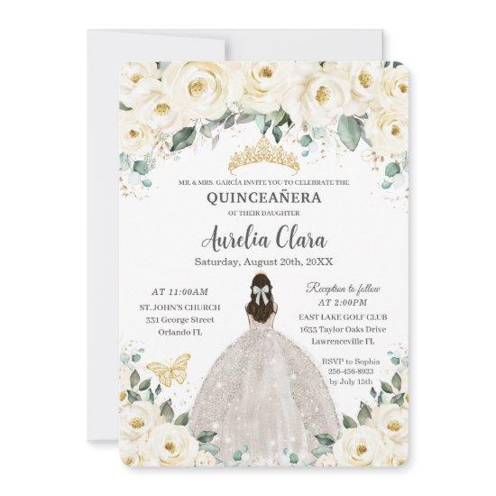 Quinceañera Ivory White Floral Gold Tiara Dress