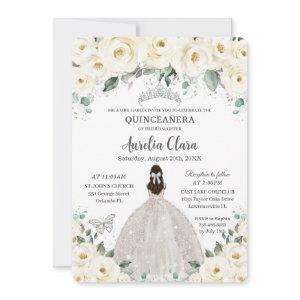 Quinceañera Ivory White Floral Silver Tiara Dress