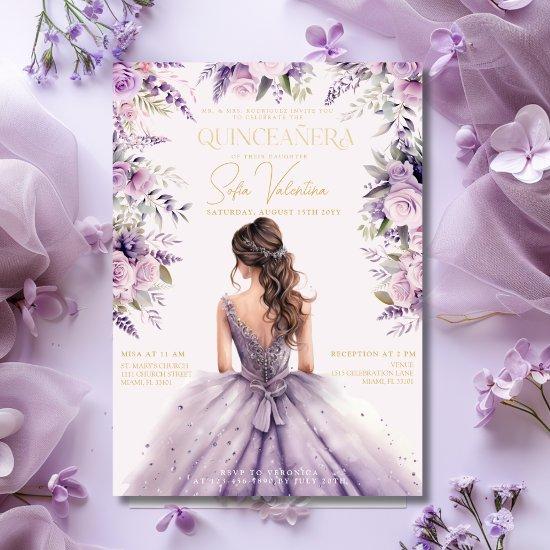 Quinceañera Lavender Purple Lilac Floral Gown Gold