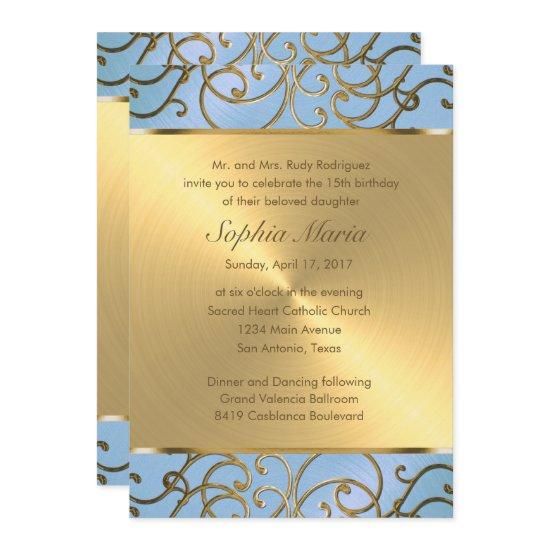 Quinceanera Light Blue and Gold Filigree Swirls