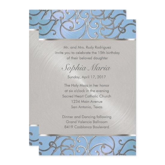 Quinceanera Light Blue and Silver Filigree Swirls