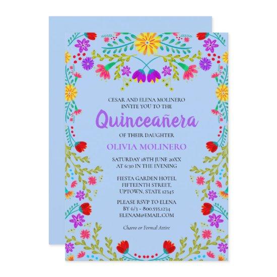 Quinceanera Light Blue Mexican Flowers Birthday