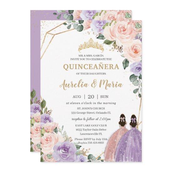 Quinceañera Lilac Blush Floral Rose Gold Twins