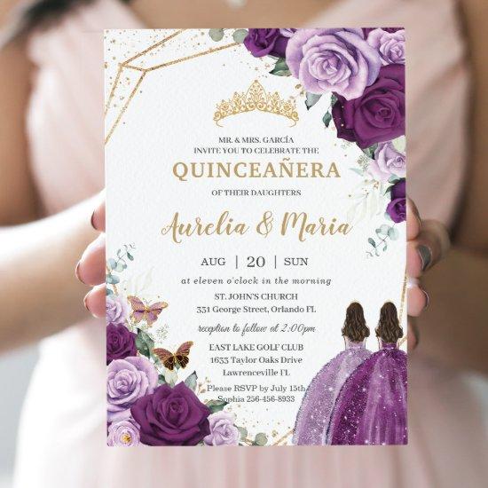 Quinceañera Lilac Dark Purple Plum Floral Twins