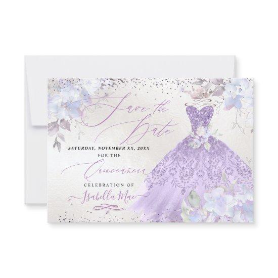 Quinceanera Lilac Purple Glitter Gown Save Date