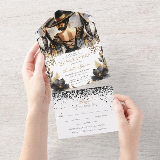 Quinceañera Luxury Black Gold Mexican Style rsvp All In One