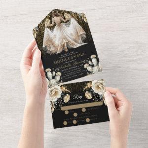 Quinceañera Luxury Black Ivory Gold rsvp All In One