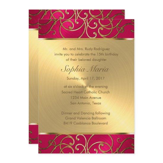 Quinceanera Magenta Pink and Gold Filigree Swirls