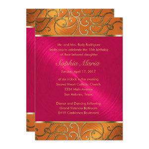 Quinceanera Magenta Pink Orange Gold Filigree