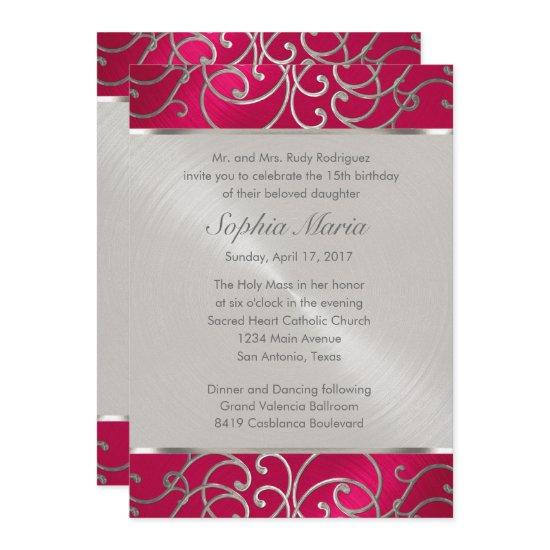 Quinceanera Magenta Pink Silver Filigree Swirls