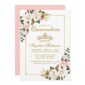 Quinceanera Magnolia Pink Roses Floral Gold