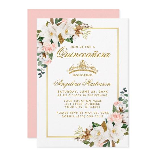 Quinceanera Magnolia Pink Roses Floral Gold