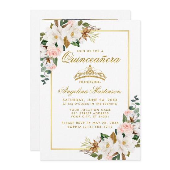 Quinceanera Magnolias Roses Floral Gold Photo