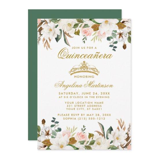 Quinceanera Magnolias Roses Floral Green