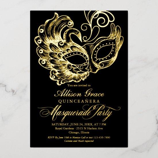 Quinceanera Masquerade Black Gold  Foil