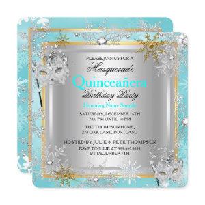 Quinceanera Masquerade Teal Gold Snowflakes Silver