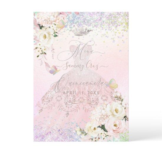 Quinceanera Menu Holographic Mariposa Blush Pink