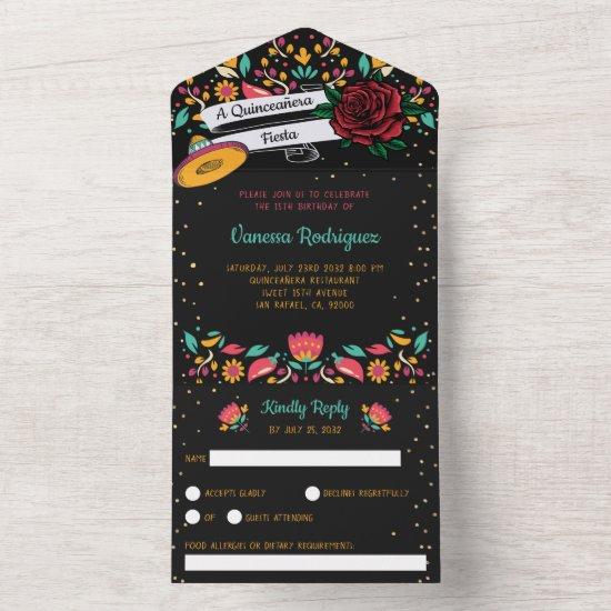 Quinceañera mexican fiesta modern floral red rose  all in one