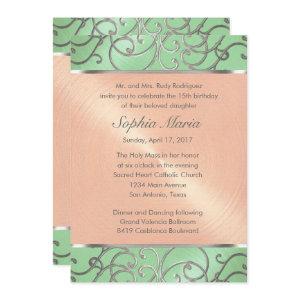 Quinceanera Mint Green Peach Silver Filigree Swirl