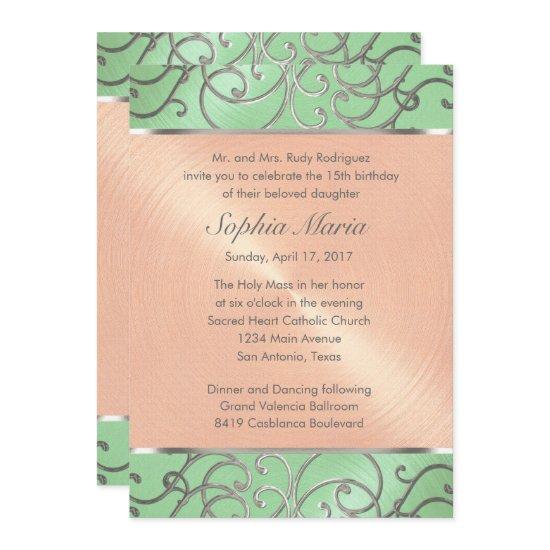 Quinceanera Mint Green Peach Silver Filigree Swirl
