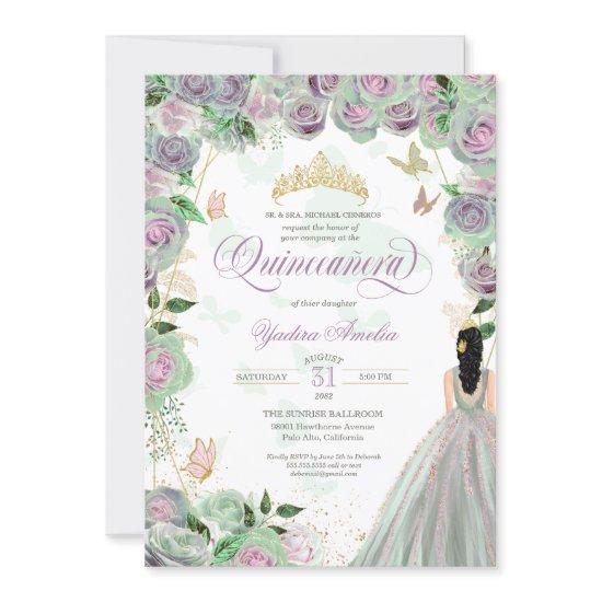 Quinceanera Mint Green Roses Elegant Butterfly Inv