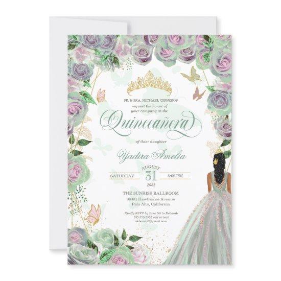 Quinceanera Mint Green Roses Elegant Butterfly Inv