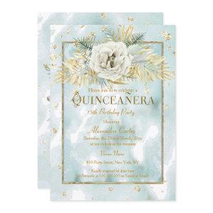 Quinceanera Mint Teal Gold marble Rose Floral