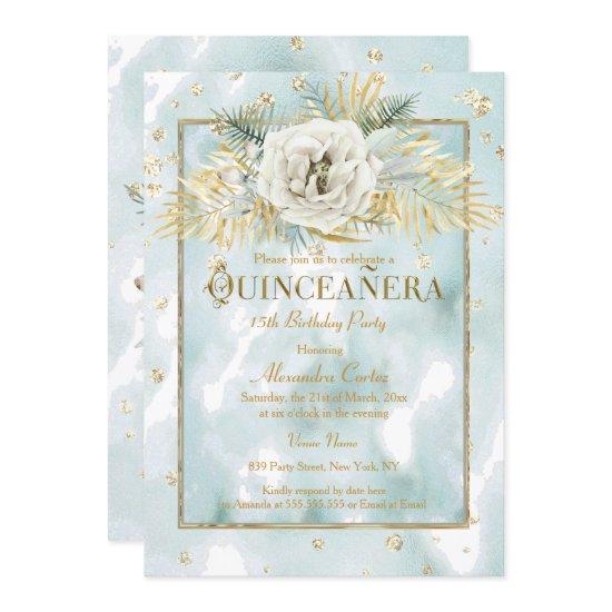Quinceanera Mint Teal Gold marble Rose Floral