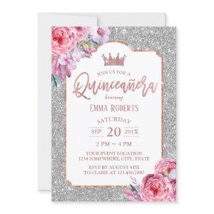Quinceanera Modern Floral Silver Glitter Birthday