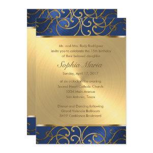 Quinceanera Navy Blue and Gold Filigree Swirls