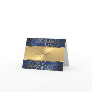 Quinceanera Navy Blue and Gold Filigree Swirls Note Card