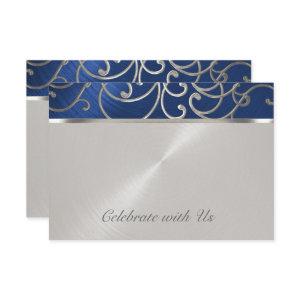 Quinceanera Navy Blue and Silver Filigree Swirls RSVP Card