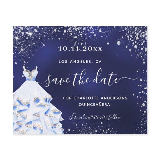 Quinceanera navy blue dress budget save the date flyer