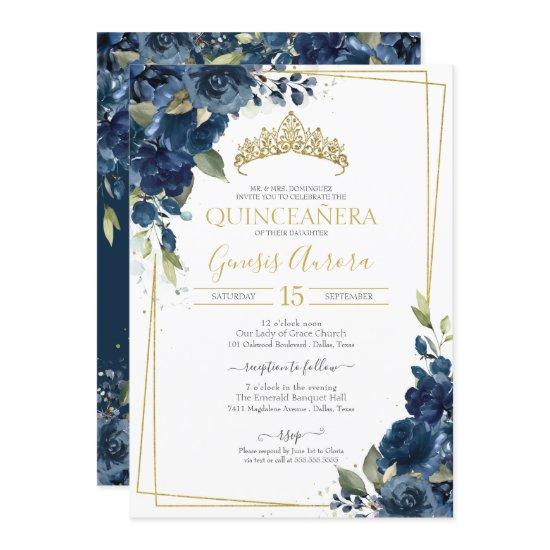 Quinceañera Navy Blue Elegant Watercolor Floral In