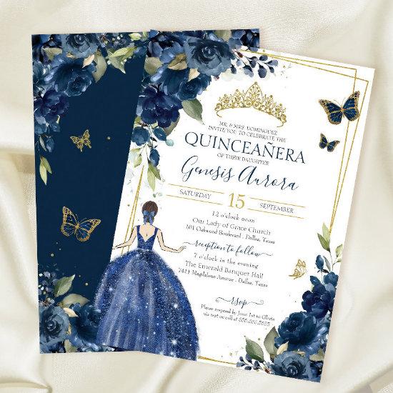 Quinceañera Navy Blue Floral Butterflies and Dress