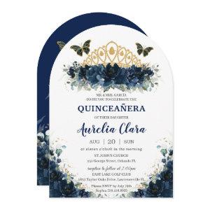 Quinceañera Navy Blue Floral Butterflies Crown